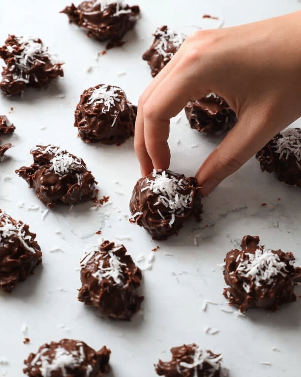 This image shows small, uneven clusters of dark brown chocolate with a rough texture, placed on a white marbled surface. Each cluster looks thick and chunky, with some topped with white shredded coconut sprinkled on top. A woman's hand is reaching from the upper right corner, placing more shredded coconut on one of the clusters. The chocolate clusters are spread out loosely, with some plain and others decorated. photo taken with an iphone --ar 4:5 --v 7