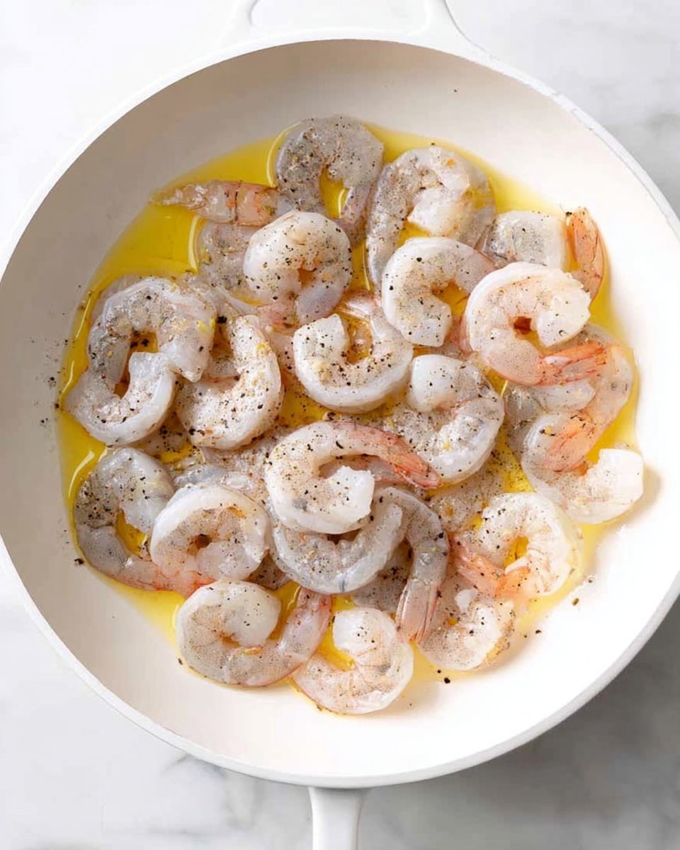 A white pan filled with raw shrimp arranged closely together in one layer. The shrimp are pale pink and gray with a smooth texture, and they sit in a yellow oil coating the bottom of the pan. Small black pepper specks are scattered evenly over the shrimp. The pan is on a white marbled surface. photo taken with an iphone --ar 4:5 --v 7