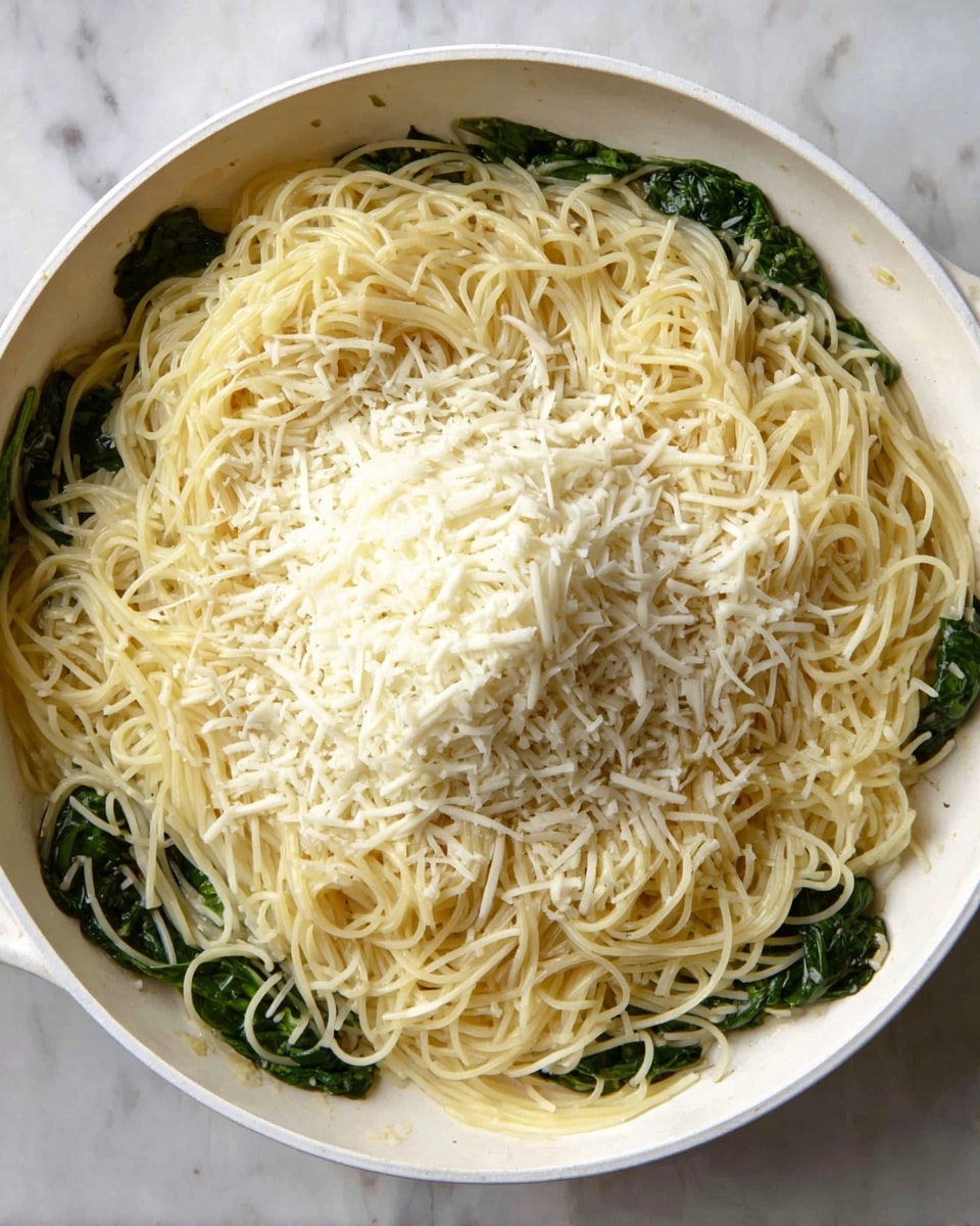 A round white pan filled with a base layer of cooked green spinach leaves arranged around the edges, topped with a large nest of pale yellow cooked thin pasta covering most of the pan center, with a mound of finely shredded white cheese sitting on top of the pasta in the middle. The texture shows the soft, smooth pasta strands gently swirling with the delicate, leafy spinach peeking underneath. The background is a white marbled surface. photo taken with an iphone --ar 4:5 --v 7