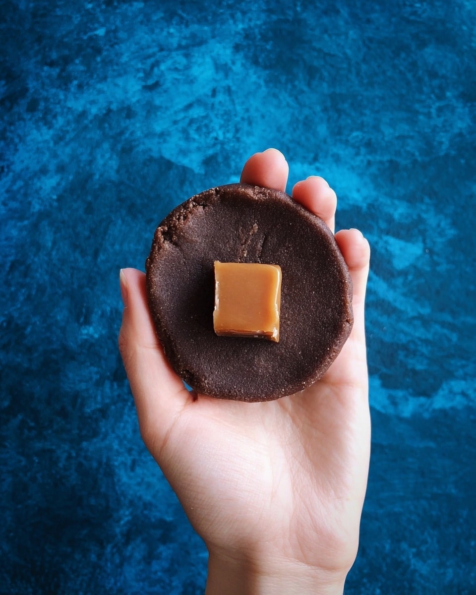 A stack of five thick, dark brown cookies sits on a white marbled surface, each cookie showing a cracked and slightly rough texture. The top cookie is broken in half, revealing a layer of melted caramel stretching between the two pieces, adding a golden orange shine to the otherwise deep brown color. The cookies look soft yet firm, and the stack casts a soft shadow in the light, with a blurred dark background that focuses attention on the cookies. photo taken with an iphone --ar 4:5 --v 7