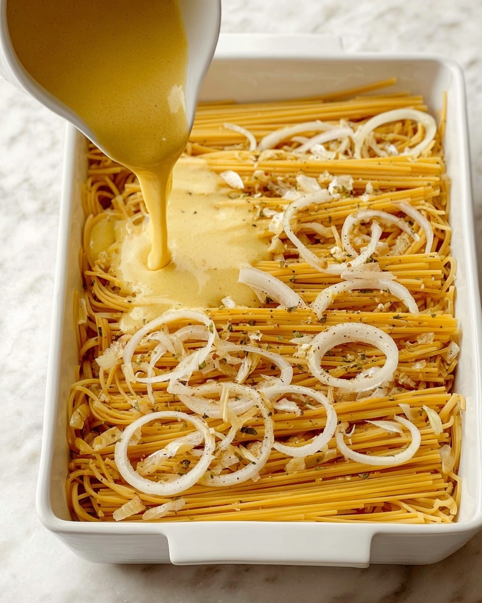The image shows a white rectangular baking dish with handles, filled with uncooked spaghetti spread flat at the bottom. On top of the spaghetti, there are many layers: sliced white onions scattered around, chopped green herbs placed in small piles, minced garlic heaped in the center, red chili flakes adding a pop of color, and white granulated salt and black pepper sprinkled over. The baking dish is set on a white marbled surface. photo taken with an iphone --ar 4:5 --v 7