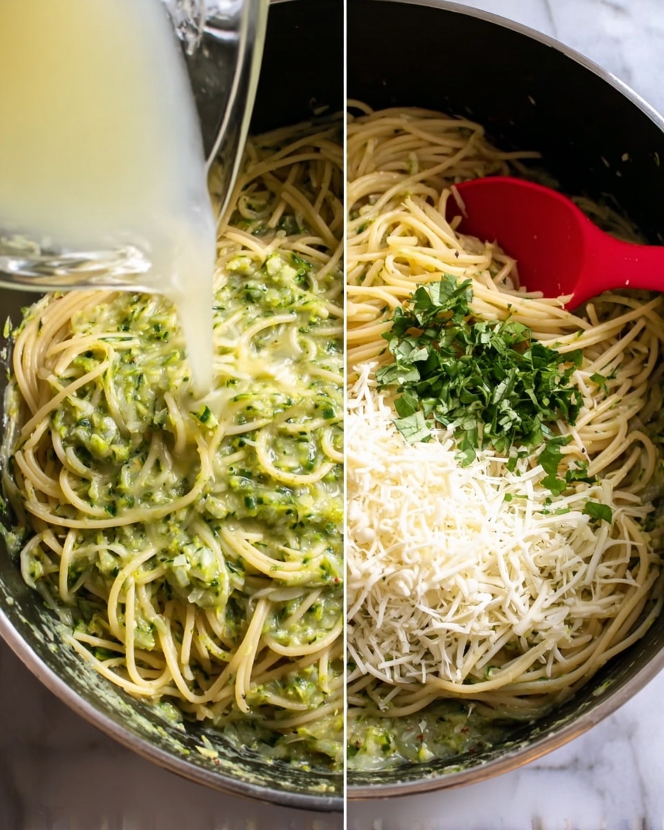 The image shows a pot of cooked spaghetti mixed with green zucchini sauce, and liquid being poured into it from a glass pitcher on the left side. The spaghetti strands are pale yellow, long, and untangled, sitting beneath a chunky green sauce that looks like grated zucchini with small bits of skin and seeds. On the right side, the same pot has shredded white cheese piled on top of the spaghetti near the top right corner, with fresh chopped green herbs, likely parsley or basil, on the left side of the cheese. A bright red spoon is inserted into the spaghetti near the cheese. The background is a white marbled texture. photo taken with an iphone --ar 4:5 --v 7