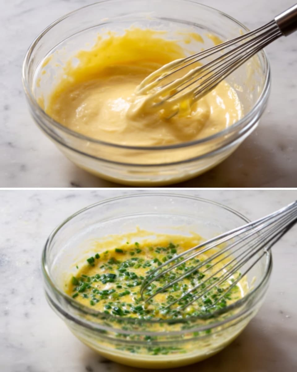 The first image shows a clear glass bowl on a white marbled surface, filled with a thick, creamy, light yellow mixture being stirred by a woman’s hand holding a silver whisk. The mixture looks smooth and dense, swirling softly in the bowl. The second image shows the same clear glass bowl on the white marbled surface with a mixture that is thinner and pale yellow in color, now with small pieces of green herbs scattered on the surface. A woman’s hand is still holding the silver whisk, gently mixing the ingredients in the bowl. Photo taken with an iphone --ar 4:5 --v 7