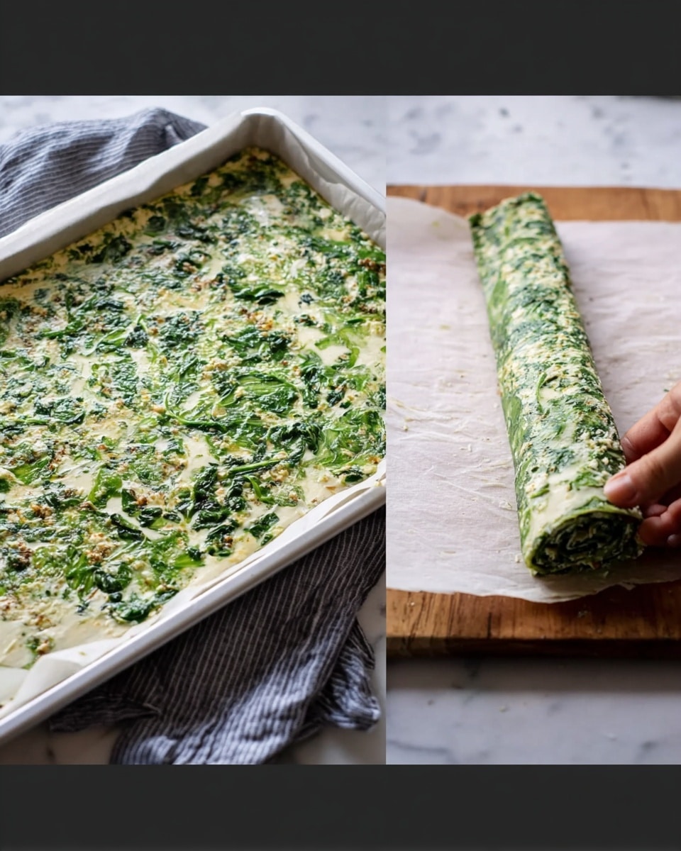 The image shows a thick, rectangular spinach and cheese mixture spread evenly over a flat white parchment-lined baking tray. The mixture is green with small white bits of cheese, and it looks creamy and textured with leafy spinach pieces visible all over. In the second part, a woman's hand is gently lifting a corner of the mixture, revealing a soft, rollable texture underneath. The background is a white marbled surface, and the baking tray is resting on a wooden board with a striped gray cloth nearby. Photo taken with an iphone --ar 4:5 --v 7