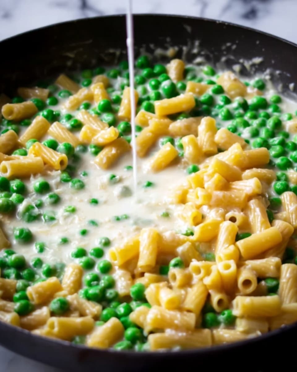The image shows a close-up view of small tube-shaped pasta and green peas cooking in a creamy white sauce inside a dark pan. The sauce looks smooth and thick, covering the pasta and peas evenly. Thin streams of white liquid are being poured into the center, adding a fresh layer on top. The pasta is yellow with a soft texture, while the peas are bright green and firm, scattering around the edges. The whole dish looks warm and creamy. The background is a white marbled surface. photo taken with an iphone --ar 4:5 --v 7
