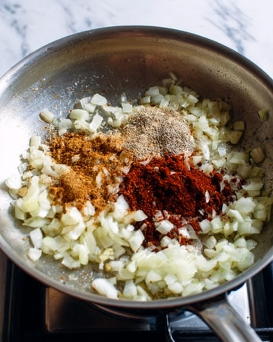 A round metal pan filled with a thick layer of cooked ground meat mixed with finely chopped orange and red vegetables, creating a textured and uneven surface. The pan is set on a folded blue and white striped cloth over a wooden table with a white marbled background behind it. A silver spoon is partially placed inside the pan on the left side. Photo taken with an iphone --ar 4:5 --v 7
