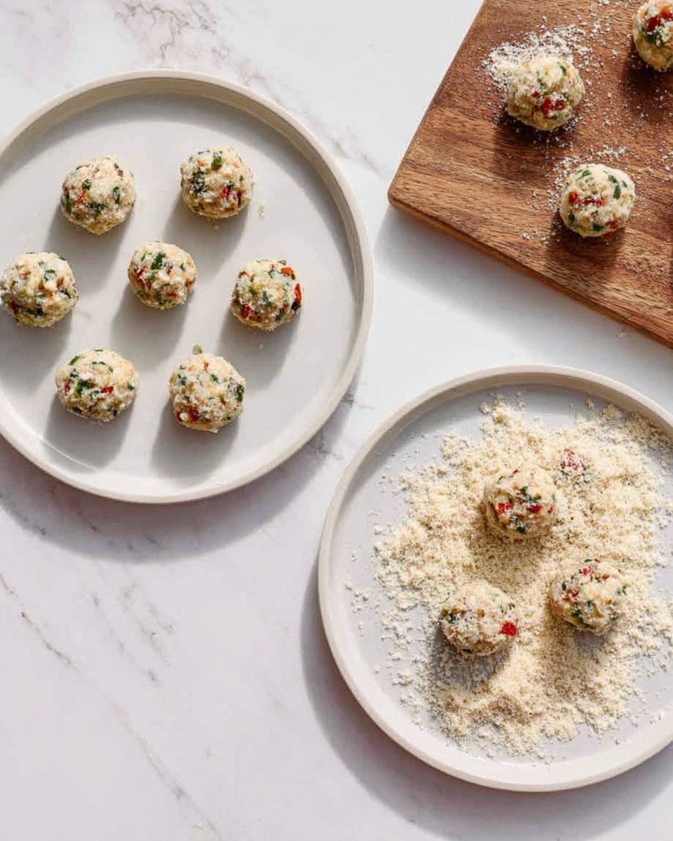 A white plate on a white marbled surface holds about twelve small round golden brown fried balls, each with visible bits of red, green, and white, showing a crispy texture. A small white bowl filled with light orange creamy sauce is at the bottom center of the plate, near two thin lemon slices and a few green parsley leaves scattered nearby. One fried ball is cut in half and placed on a golden spoon at the left side, showing a soft white interior with fine red and green bits inside. The overall look is colorful and inviting, with a warm and crispy appearance. photo taken with an iphone --ar 4:5 --v 7