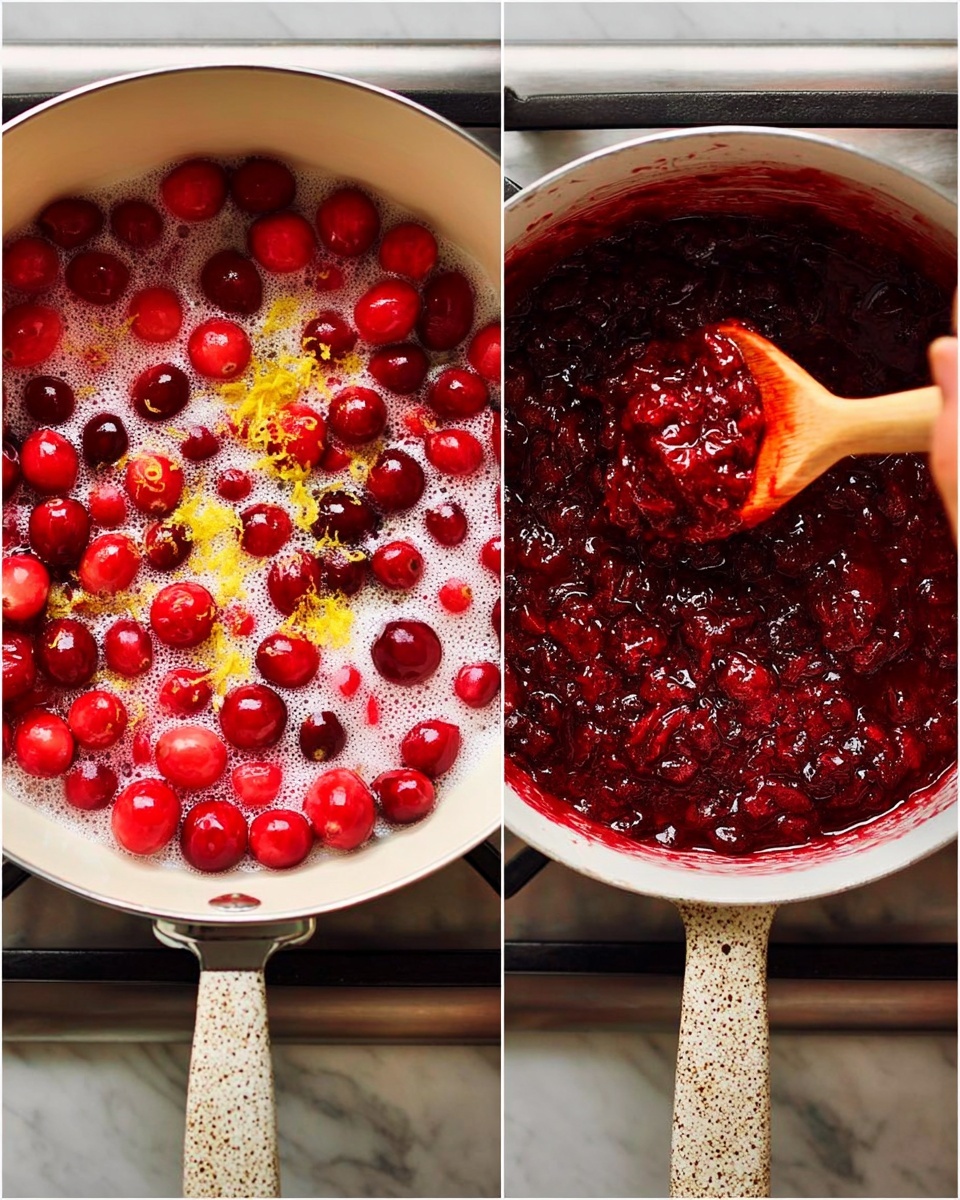 Two images show a white saucepan on a stovetop with a white marbled background. In the first image, the pan is filled with bright red cranberries and white foam on top, with yellow lemon zest visible scattered across the fruit. In the second image, the cranberries have cooked down into a thick, dark red sauce with a chunky texture, being stirred by a wooden spoon held by a woman's hand. The pan handle is slightly worn and speckled. Photo taken with an iphone --ar 4:5 --v 7