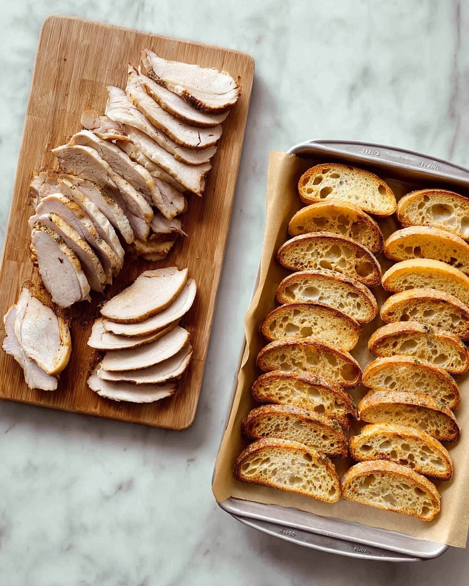 The image shows two parts: on the left is a wooden cutting board with slices of cooked, light brown roasted meat stacked on the top half, and several rows of sliced bread below it, ranging in color from light tan to a slightly darker shade. On the right is a white metal baking tray lined with parchment paper, holding several rows of evenly spaced, toasted golden-brown bread slices with a crispy texture. Both parts are set on a white marbled surface. Photo taken with an iphone --ar 4:5 --v 7