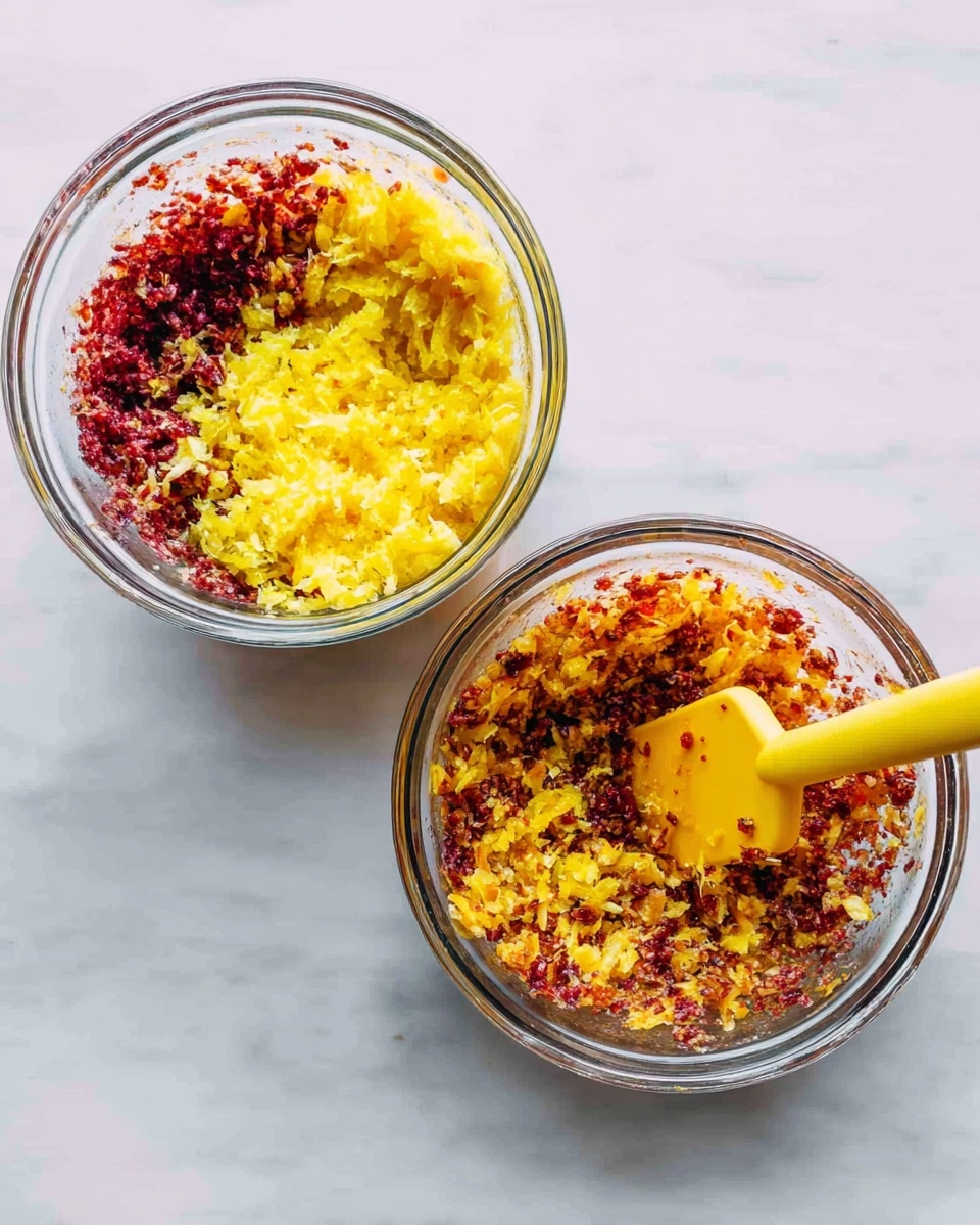 The image shows two clear glass bowls placed side by side on a white marbled surface. The bowl on the left has a mix of red and brown small bits as the base layer with a rough texture, topped with a bright yellow grated or mashed layer, and a yellow spatula standing inside it. The bowl on the right has the same red and brown mixture evenly stirred together, with the yellow spatula resting inside the bowl and leaning slightly to the right. The colors are vivid with a clear contrast between the red-brown base and the bright yellow topping. photo taken with an iphone --ar 4:5 --v 7