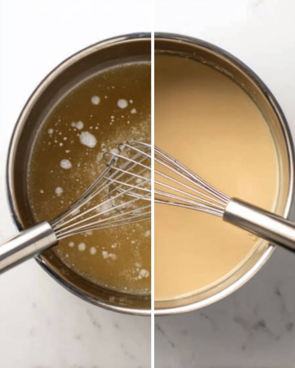 The image shows two side-by-side photos of a cooking pot with a shiny metal whisk inside. On the left, there are small white lumps floating in a light brown liquid inside the pot. On the right, the same pot and whisk now hold a smooth, creamy light tan mixture with no lumps. The pot is placed on a white marbled surface. photo taken with an iphone --ar 4:5 --v 7