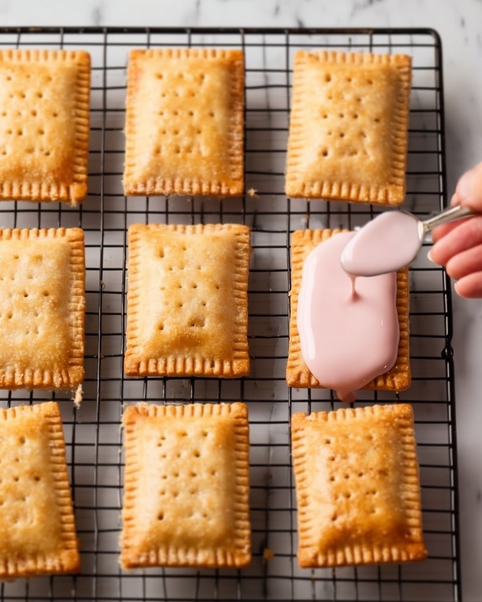 The image shows a close-up of nine golden-brown rectangular pastries with tiny holes on the top, arranged in a 3x3 grid on a black cooling rack. The pastries have edges with fork-like marks all around. One pastry in the second image is being spread with light pink icing from a spoon, highlighting a shiny and smooth texture on its top. The background is a white marbled surface. A woman's hand holds the spoon gently above the pastries. photo taken with an iphone --ar 4:5 --v 7
