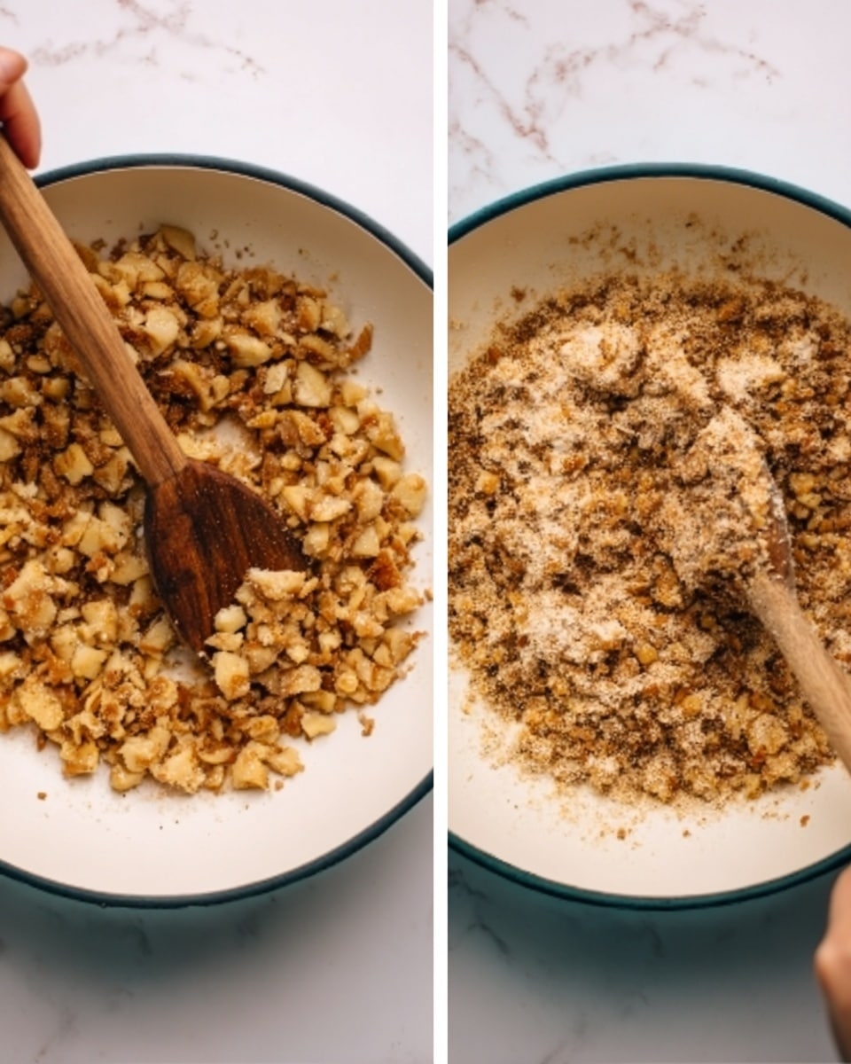 The image shows two white pans on a white marbled surface, each filled with small pieces of light brown cooked food. In the left pan, the small pieces are mixed evenly, and a wooden spatula with a dark brown handle is resting inside it, with a woman's hand holding it. In the right pan, the small pieces are mixed with a light brown powder that is partly spread on top, and the wooden spatula is inside the pan without visible hand contact. Both pans have a dark rim around the edges, and the food texture looks slightly crispy and chopped. Photo taken with an iphone --ar 4:5 --v 7