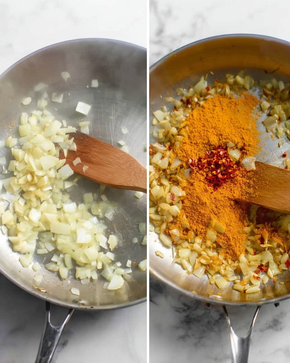 The image shows two side-by-side close-up views of a shiny silver frying pan on a white marbled surface. On the left side, the pan contains small pieces of white onion and pale yellow garlic being stirred with a woman’s wooden spatula, with soft steam rising. On the right side, the same pan now shows the onions and garlic slightly browned, mixed with small red chili pieces and topped with a heap of bright orange turmeric powder, as the woman’s wooden spatula stirs the ingredients. Photo taken with an iphone --ar 4:5 --v 7