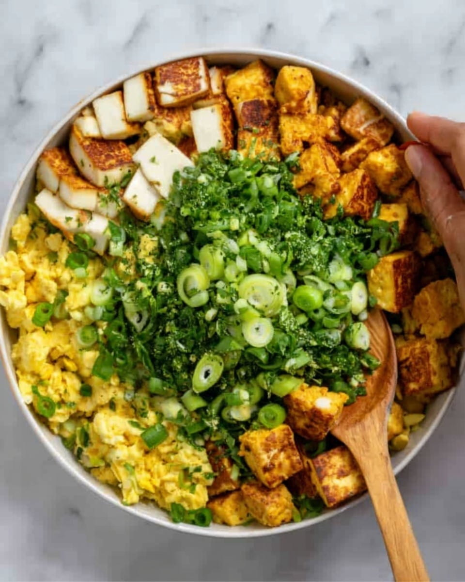 A round white bowl filled with a colorful layered food dish. The bottom layer consists of small yellow scrambled pieces spread evenly. On top of this is a thick layer of white cubes with browned edges, looking like grilled tofu, arranged around the edges and middle. Another thick layer of chopped green herbs and sliced green onions sits piled in the center. A woman's hand is holding a wooden spoon, seen on the right side of the bowl, partly covered by the food. The bowl sits on a white marbled surface. Photo taken with an iphone --ar 4:5 --v 7