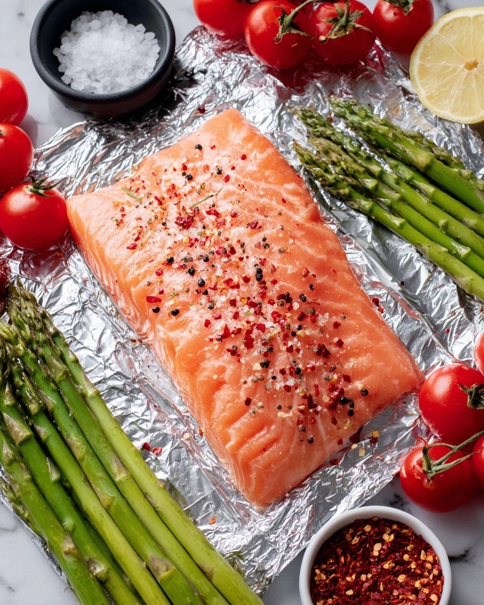 The image shows one large piece of fresh raw salmon in the center on silver foil, sprinkled with black and red pepper flakes. Around the salmon, there are several green asparagus stalks placed diagonally, and bright red cherry tomatoes, some whole and some sliced in halves. On the left side, there is a small black bowl filled with coarse salt, and on the right side, a white bowl with red chili flakes. The background is a white marbled texture. Photo taken with an iphone --ar 4:5 --v 7