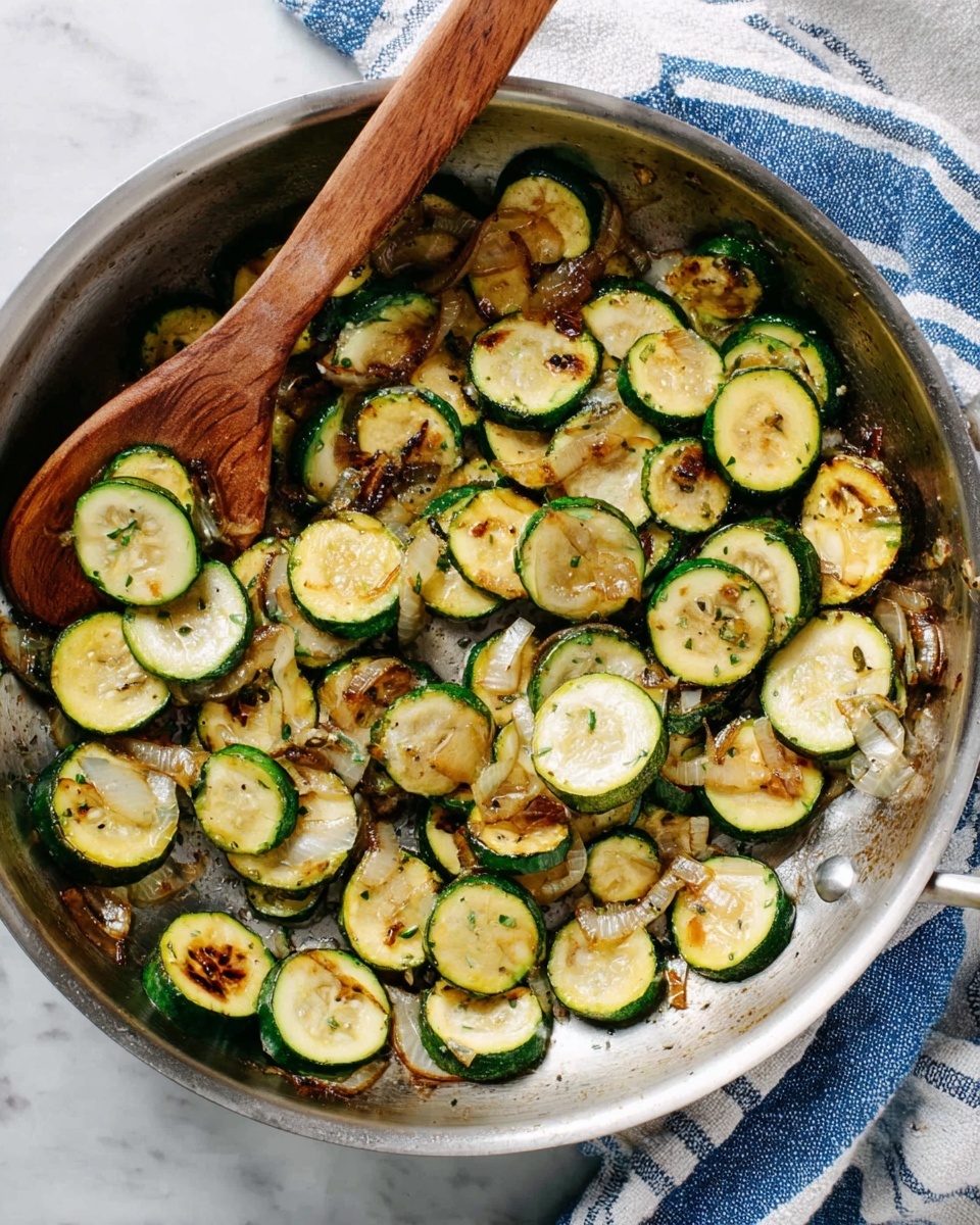 A round silver pan filled with cooked zucchini slices and small pieces of browned onions. The zucchini slices are green on the edges with light yellow centers, some have brown grill marks showing they are cooked well. The browned onions are scattered around, with a soft caramel color. A wooden spoon rests inside the pan, partially on top of the vegetables. The pan is placed on a white marbled surface with a blue and white striped cloth nearby. photo taken with an iphone --ar 4:5 --v 7