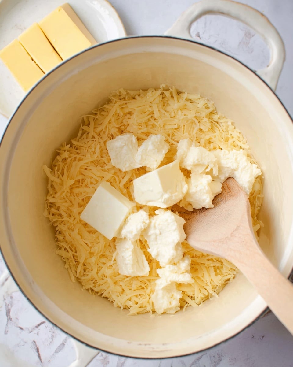 A close-up view of a white ceramic pot containing two layers of ingredients: a base layer of light yellow shredded cheese fills most of the pot, and on top are several chunks of white cream cheese and a small piece of pale yellow butter. A light wooden spoon rests inside the pot with its handle extending out. The pot is placed on a white marbled surface and a white plate with yellow squares is partially visible nearby. photo taken with an iphone --ar 4:5 --v 7