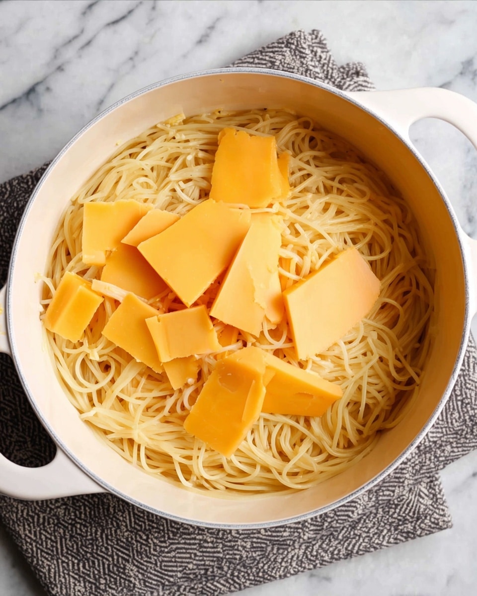 A white pot filled with cooked spaghetti forming the base layer, pale yellow in color with a soft texture. On top of the spaghetti, several irregular pieces of bright orange cheddar cheese are spread unevenly, some pieces slightly melting and glistening. The pot has a simple white interior and rests on a white marbled textured surface with a grey and white patterned cloth partially visible underneath. photo taken with an iphone --ar 4:5 --v 7