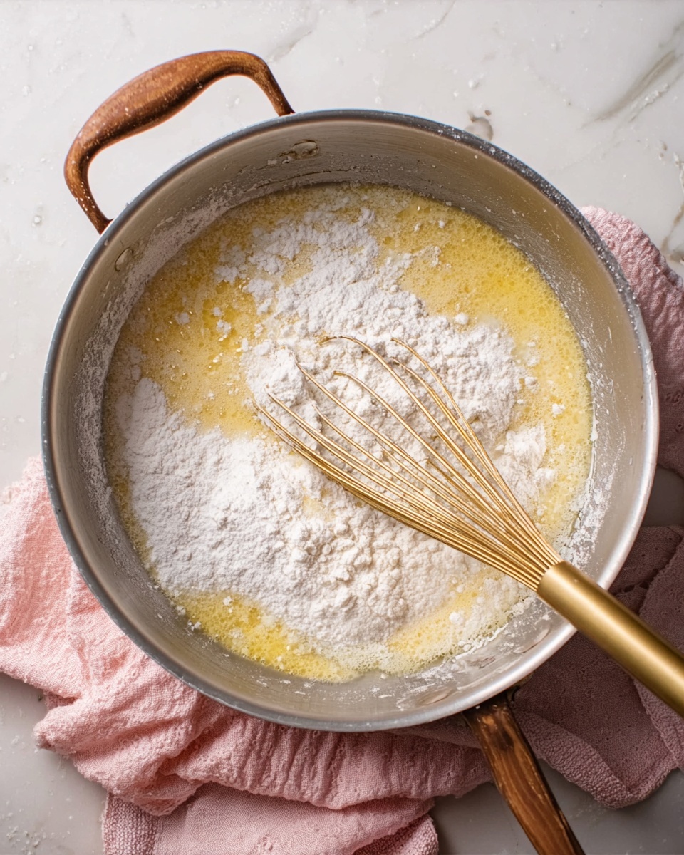 A round metal pot with two bronze handles sits on a white marbled surface, filled halfway with smooth, creamy white sauce on one side and small, pale yellow gnocchi pieces on the other side, some gnocchi are resting on the sauce, showing their ridged texture and soft appearance, with a pink cloth partly under the pot on the right side, photo taken with an iphone --ar 4:5 --v 7