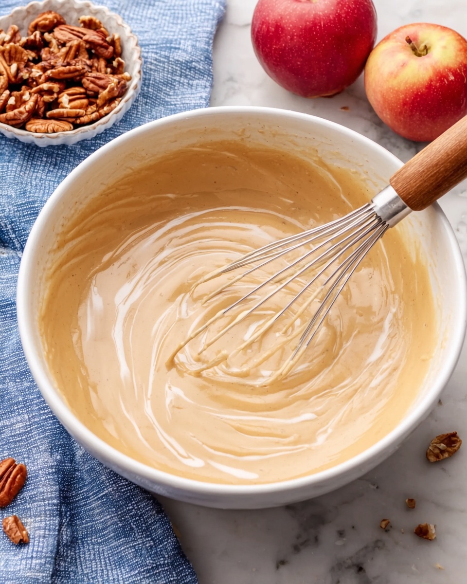 A white bowl holds a thick block of smooth, white cream cheese at the bottom. A woman's hand pours a rich, shiny, deep reddish-brown sauce from a small white cup directly over the cream cheese, and the sauce starts to slide off the block. A blue and white striped cloth is on the right side of the bowl, all placed on a white marbled surface. Photo taken with an iphone --ar 4:5 --v 7