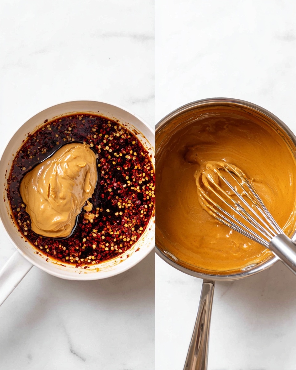 The image shows two white saucepans on a white marbled surface. The saucepan on the left contains a dark red and oily sauce with visible chili flakes covering most of the surface. A large dollop of thick, creamy peanut butter with a light tan color sits on top, partially mixing with the sauce. The saucepan on the right has a smooth, orange-brown sauce with a shiny surface; a metal whisk with a long handle is inside, stirring the sauce. Both pans appear fresh and clean, highlighted by the bright, natural lighting. photo taken with an iphone --ar 4:5 --v 7
