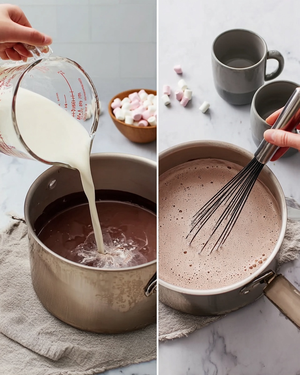 The image shows a two-part scene of making chocolate mixture in a steel pot. On the left side, a woman’s hand is pouring white milk from a clear glass measuring cup into the pot which has dark brown melted chocolate at the bottom. In the background, there is a wooden bowl with small white and light pink marshmallows and two gray ceramic mugs. The right side shows a woman’s hand stirring the chocolate mixture in the same pot with a black whisk. The chocolate mixture inside looks smooth and light brown with tiny air bubbles. The pot is placed on a white marbled surface with a light gray and white cloth underneath it. photo taken with an iphone --ar 4:5 --v 7