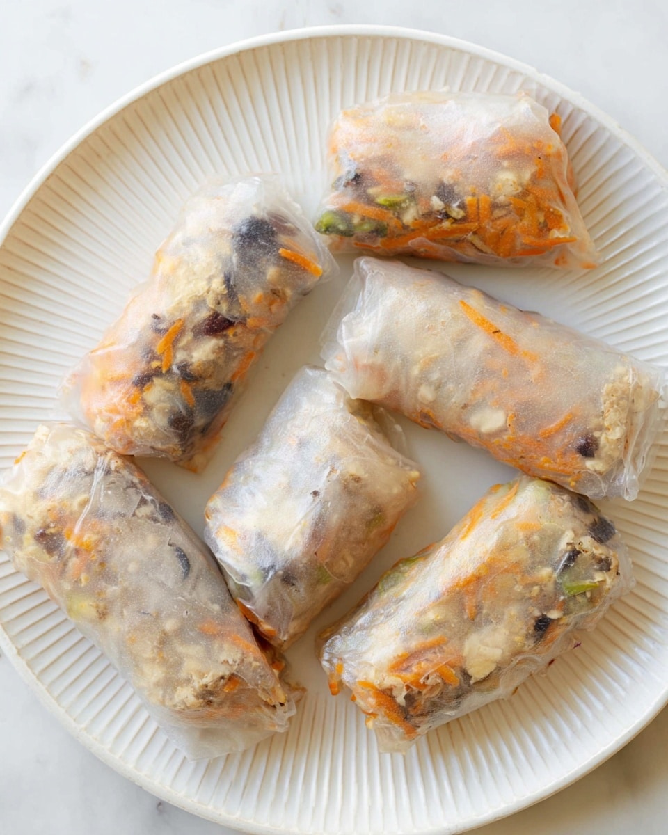 Three square spring rolls with a light golden, bubbly fried outer layer sit on a white oval plate. The top of each roll has small browned spots and they are sprinkled with white sesame seeds and thin green slices of scallions. A pair of wooden chopsticks rests diagonally in the bottom left corner, near a small white bowl with blue patterns holding a dark soy dipping sauce with slices of chili and sesame seeds. The plate is placed on a white marbled surface. photo taken with an iphone --ar 4:5 --v 7