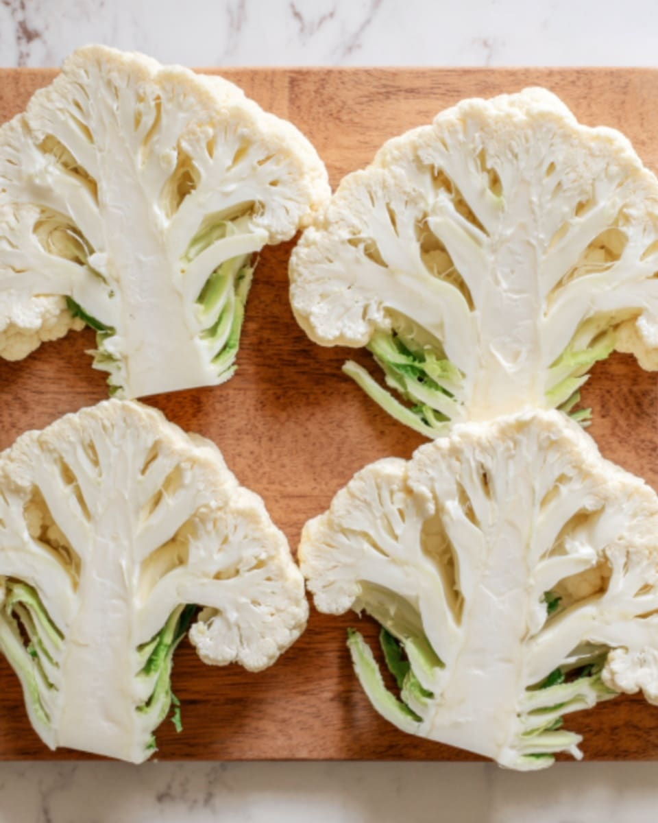 The image shows four slices of cauliflower laid out on a wooden board. Each slice is flat, showing the white, tree-like pattern of the cauliflower with green stems at the bottom of each piece. The texture of the cauliflower is soft and creamy, with small, rounded florets forming the main body of each slice. The wooden board provides a warm contrast to the pale cauliflower, and the background is a white marbled texture. photo taken with an iphone --ar 4:5 --v 7