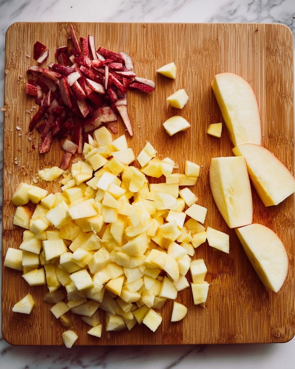 The image shows a wooden cutting board spread with many small diced pieces of pale yellow apple in the center, with two longer rectangular apple pieces placed on the right side of the board. Above the apple pieces, there is a small pile of deep red apple peelings. The whole scene sits on a white marbled surface. photo taken with an iphone --ar 4:5 --v 7