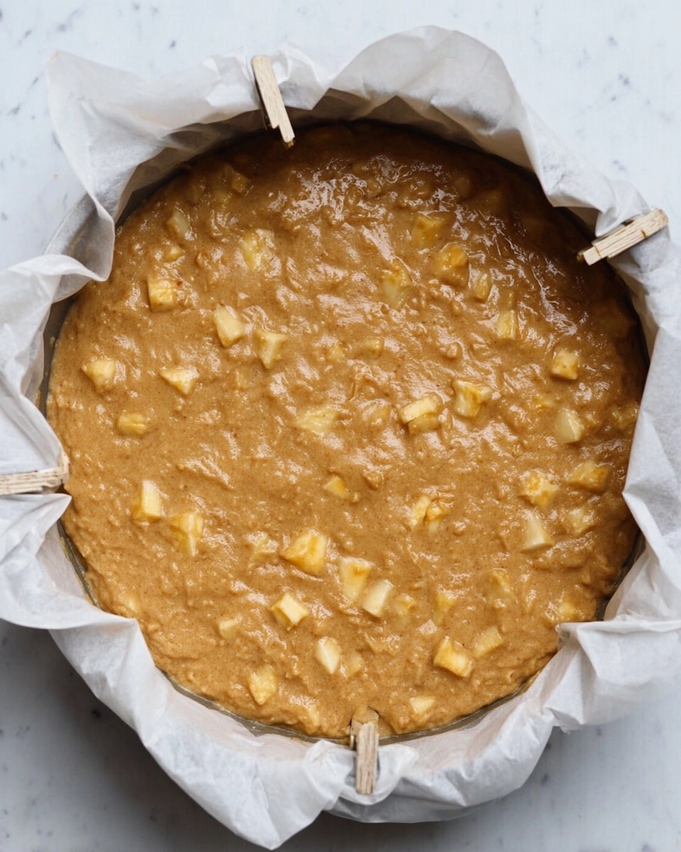 A round, golden brown cake topped with a thick layer of chopped nuts, mainly walnuts, covering the entire top surface, giving it a rough and crunchy texture. One slice is taken out and slightly pulled out, showing a dense, moist interior of the cake that is the same golden brown color as the outside. The cake sits on a simple white plate, placed on a white marbled surface, with two bright red apples positioned to the right side of the plate and a light blue cloth napkin on the left. Photo taken with an iphone --ar 4:5 --v 7
