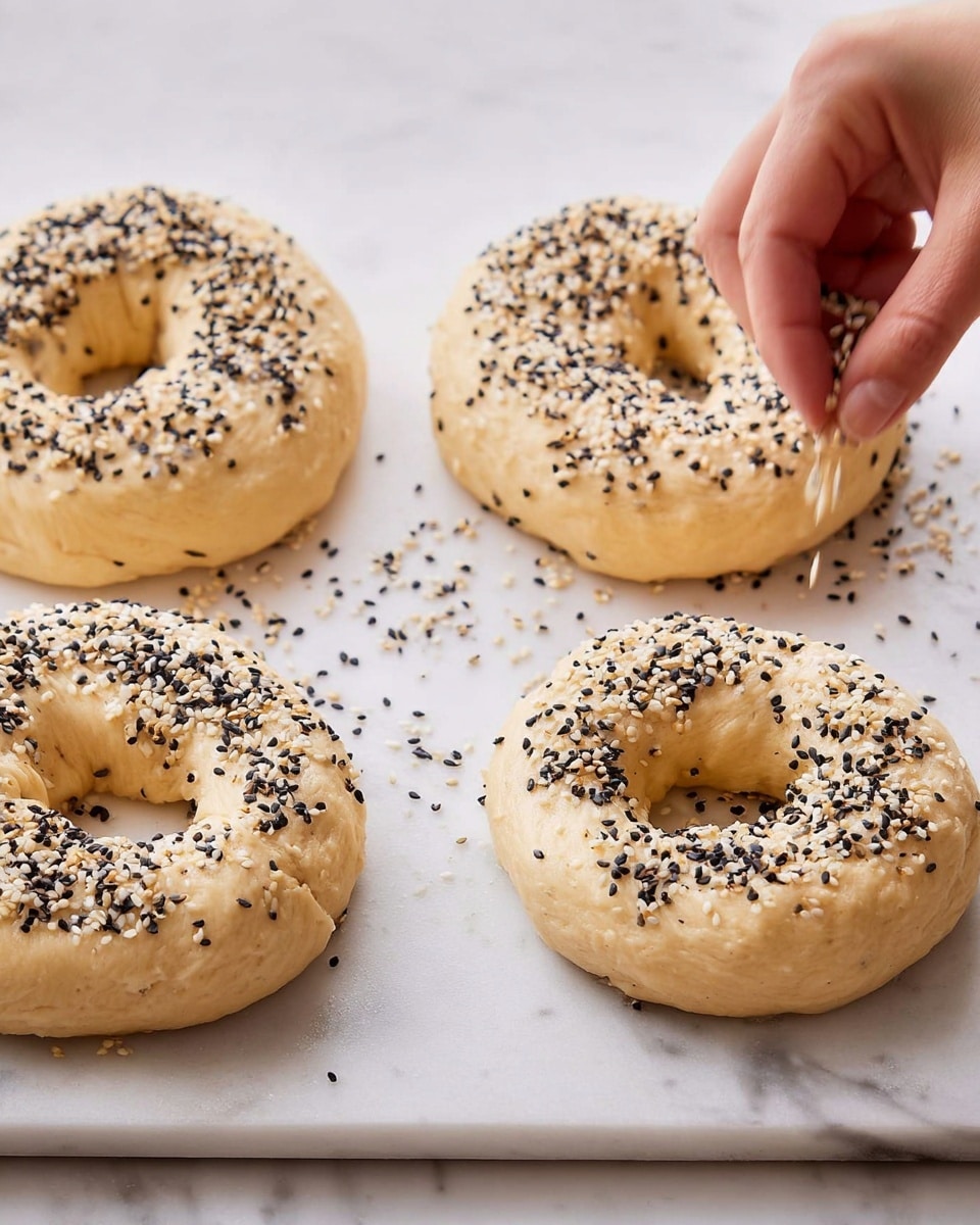 Four golden brown bagels are placed closely on a white marbled surface, each topped with a mix of black and white sesame seeds, poppy seeds, dried minced onion, and coarse salt. The bagels have a shiny, slightly crispy crust with a soft, textured inside visible around the holes in the center. The seasoning is thickly spread mostly around the top edges of the bagels, creating a speckled look with contrasting black, white, and tan spots. The close-up view shows details of the bagels' bumpy surface and the scattered seeds around them photo taken with an iphone --ar 4:5 --v 7