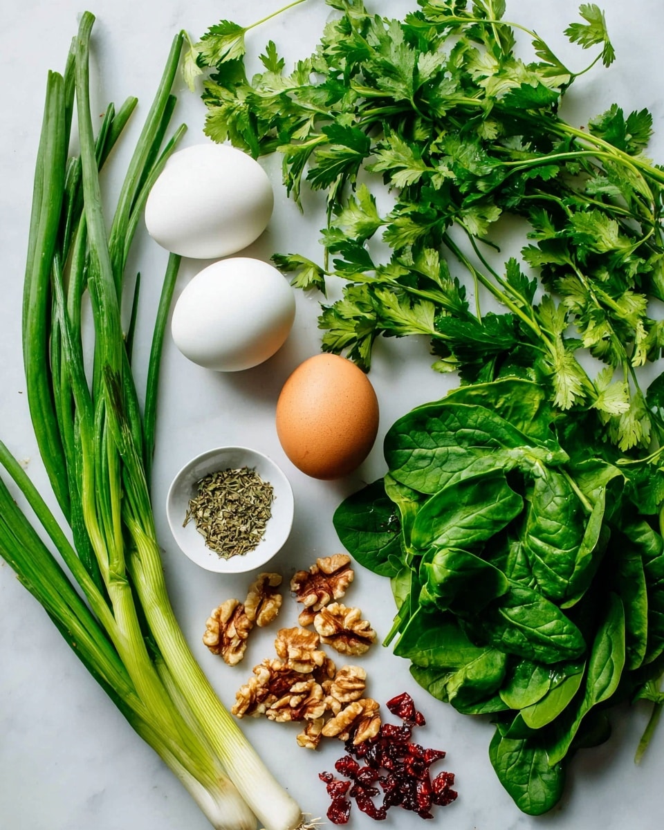 The image shows a white marbled surface with fresh ingredients spread out. There are three eggs in the middle, two white and one brown, surrounded by bright green spinach leaves on the right and cilantro with some parsley on the left. Toward the top left, there are three green onions with long white bottoms to green tops. A small white bowl near the eggs holds dried herbs, while at the bottom center, there is a small pile of red dried berries and a small heap of light brown walnut pieces. The arrangement is fresh and colorful, with a natural look. photo taken with an iphone --ar 4:5 --v 7