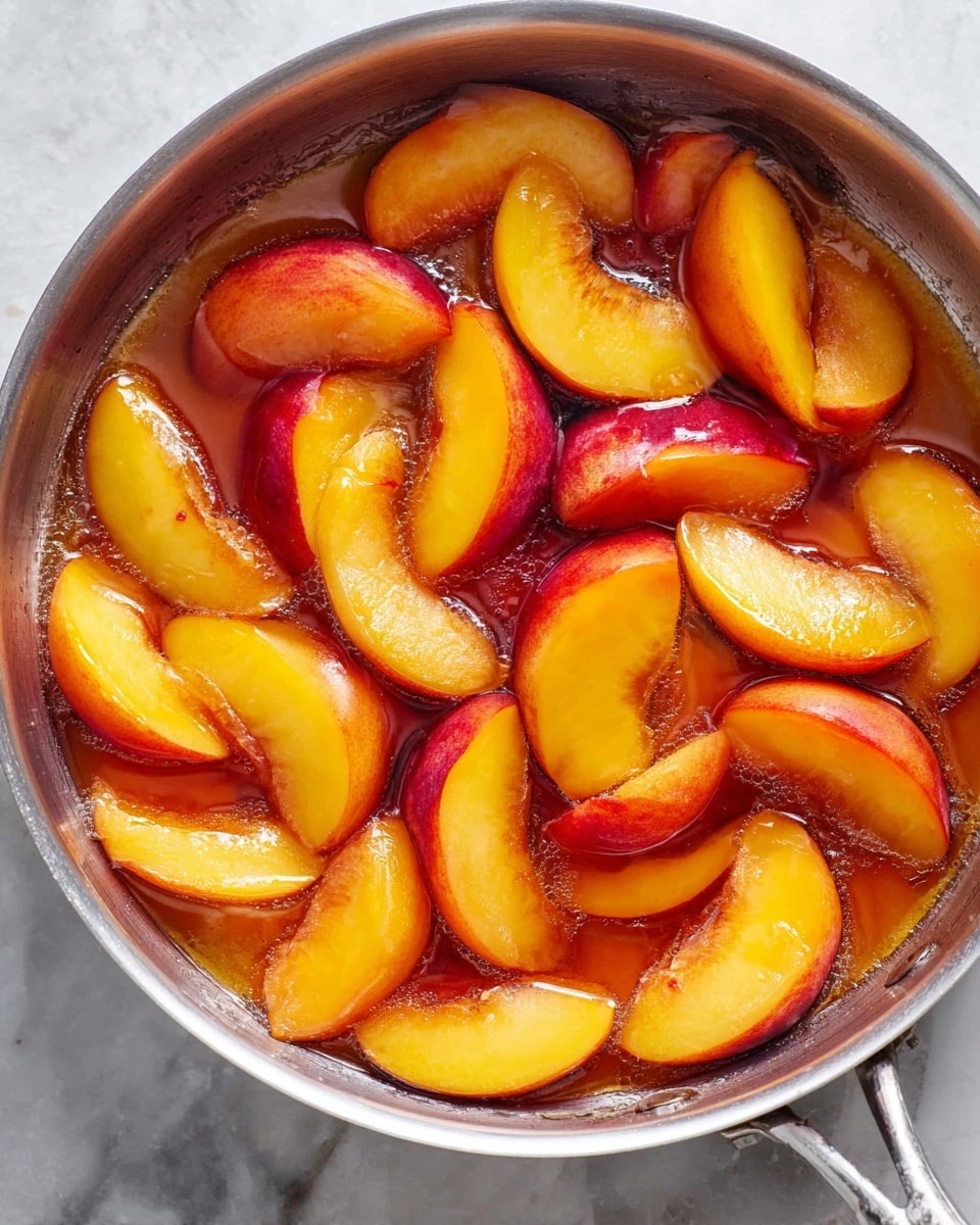 A silver pan sits on a white marbled surface filled with yellow and red peach slices cooking in bubbling syrup. The peach pieces are arranged loosely, with some slices showing their bright yellow flesh and others showing red skin edges. The syrup bubbles actively around the fruit, creating a shiny, glossy texture that covers the pan's base evenly. The pan handle extends out of the frame on the bottom left side. The image focuses closely on the pan and peaches, showing detailed textures and vibrant warm colors photo taken with an iphone --ar 4:5 --v 7
