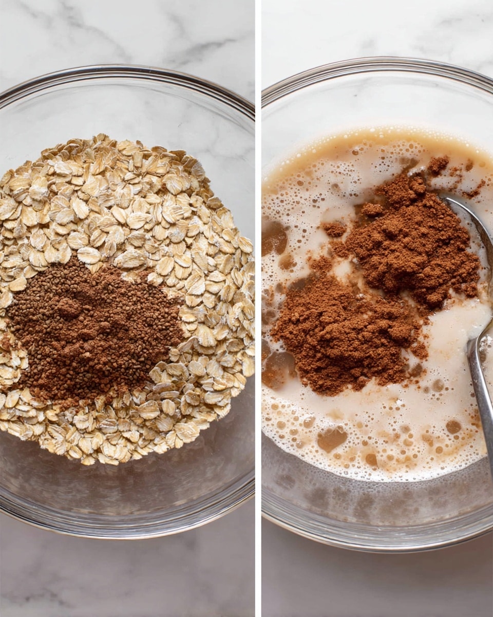 Two images show the process of making a mixture in a clear glass bowl on a white marbled surface. The first image shows four separate layers inside the bowl: light beige rolled oats covering most of the bowl, medium brown ground flaxseed in the bottom left, darker brown cocoa powder above it, and a pile of dark brown powder above the cocoa. The second image shows the same bowl with these ingredients mixed with a foamy light beige liquid, spreading evenly with some clumps, and a silver spoon partially visible stirring from the right side. photo taken with an iphone --ar 4:5 --v 7