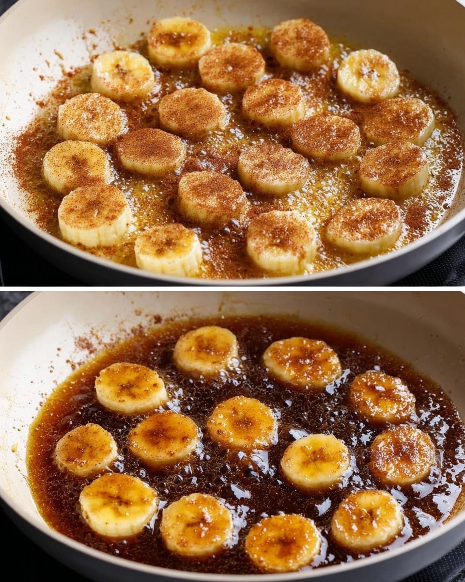 In the first image, a white pan holds several banana slices spread in a single layer, each topped unevenly with brown cinnamon powder, floating in bubbling melted butter that has a golden shine. The bananas are pale yellow with some light brown spots from the cinnamon. In the second image, the banana slices have turned golden brown and caramelized, sitting in thicker, dark brown bubbling sauce that spreads evenly across the bottom of the white pan. The bananas look shiny and sticky with a slightly crispy texture on the edges, resting on a smooth, bubbling syrup. photo taken with an iphone --ar 4:5 --v 7