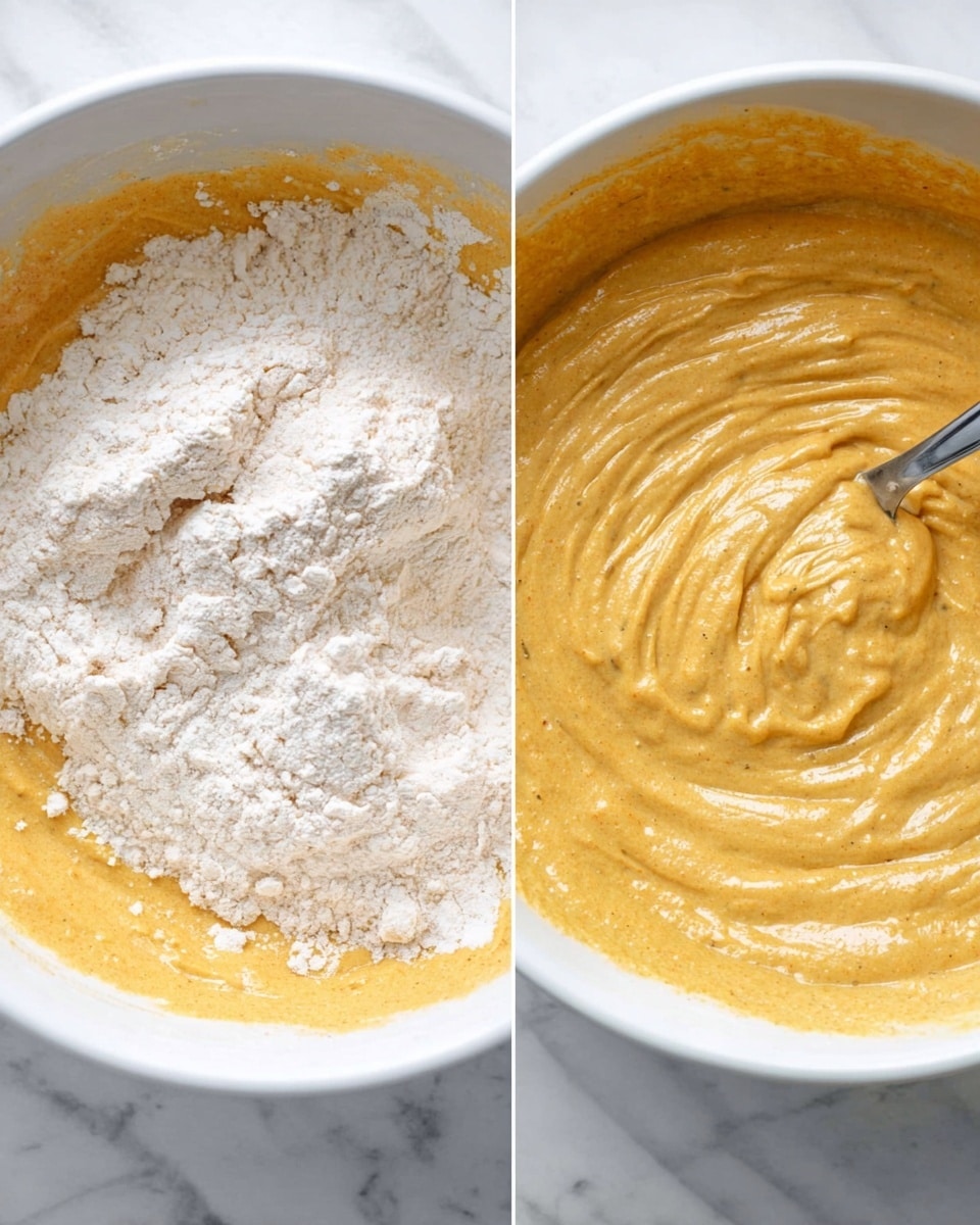 A close-up of two side-by-side white bowls on a white marbled surface; the left bowl shows a thick yellow-orange batter layer at the bottom covered by a thick layer of white flour with a clumpy texture on top, while the right bowl reveals the same batter fully mixed into a smooth, creamy, thick orange-yellow consistency with small darker specks scattered throughout, a silver spoon is partially submerged in the batter making gentle swirled patterns photo taken with an iphone --ar 4:5 --v 7
