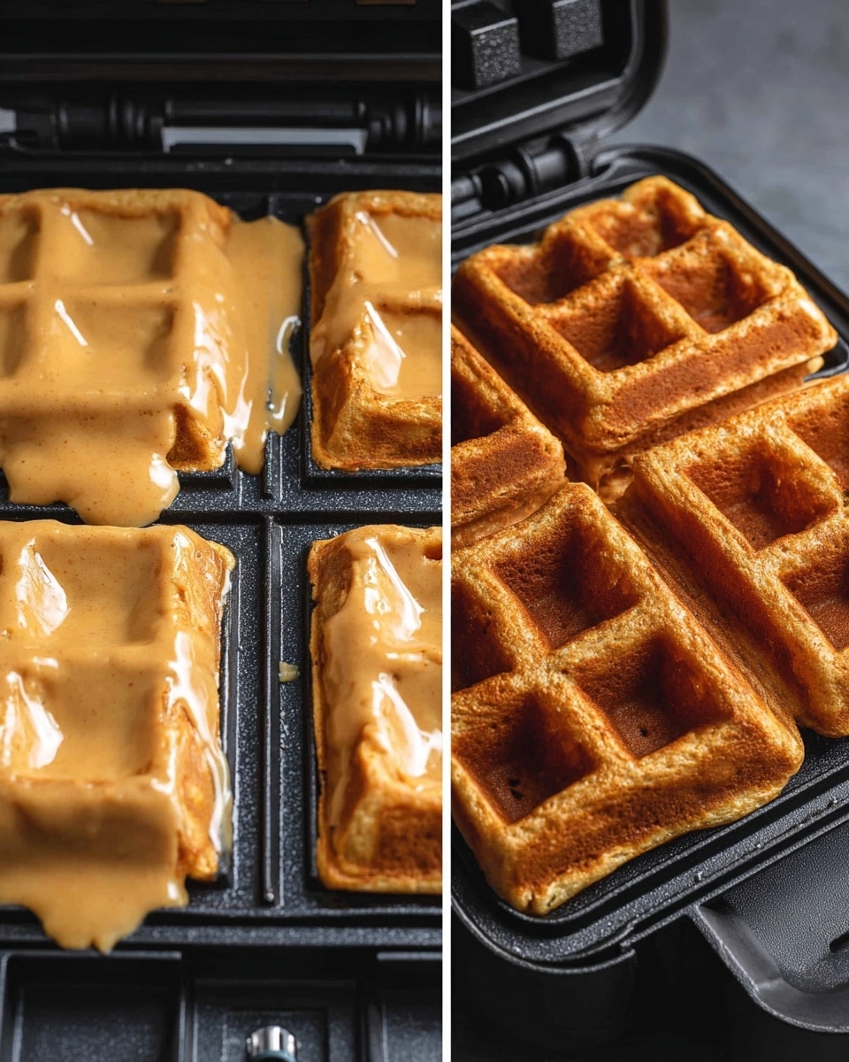 The image shows two side-by-side close-up views of a waffle maker with four square waffle molds. On the left side, the waffle molds are filled with thick, light tan batter that slightly spills over the edges, with a drip falling near the knob. On the right side, the waffles are fully cooked to a golden brown with a crisp texture and deep square pockets, still inside the black waffle maker. The background and surface are not visible, focusing on the cooking process. photo taken with an iphone --ar 4:5 --v 7