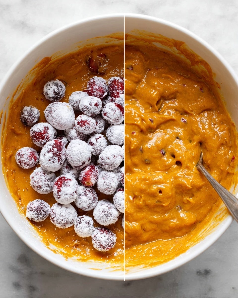 The image shows two white bowls side by side on a white marbled surface, each containing thick orange pumpkin batter. In the left bowl, there is a pile of small red cranberries covered in white flour resting on top of the smooth batter layer. The right bowl has the batter mixed with the cranberries, creating an uneven textured orange layer with visible lumps from the berries, and a silver spoon is partially visible on the right side of the bowl. Photo taken with an iphone --ar 4:5 --v 7