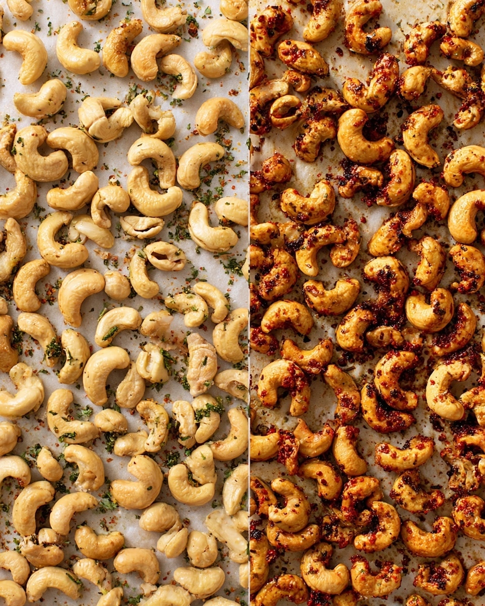 The image shows two side-by-side sections of cashew nuts on white marbled parchment paper. The left side has raw cashew nuts spread evenly, pale cream in color with small green herb flakes and a few red pepper flakes scattered around. The right side shows roasted cashew nuts that are darker golden brown with a textured, slightly oily surface and dark red and black spice bits clinging to them in irregular clusters. Both sides fill the frame with a close-up view, showing the details of the nuts and spices. photo taken with an iphone --ar 4:5 --v 7