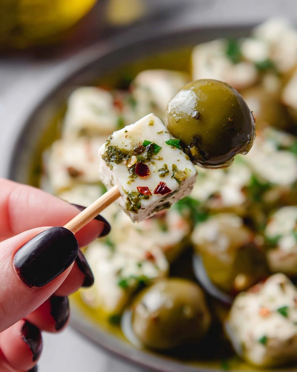 A close-up image shows a woman's hand with black painted nails holding a small wooden skewer that has two layers: a green olive on the bottom and a white cheese cube with herbs and red chili flakes sprinkled on top. In the blurred background, there is a bowl filled with more olives and cheese cubes coated in oil and herbs, set on a white marbled surface. The lighting highlights the glossy texture of the olive and the creamy texture of the cheese. photo taken with an iphone --ar 4:5 --v 7