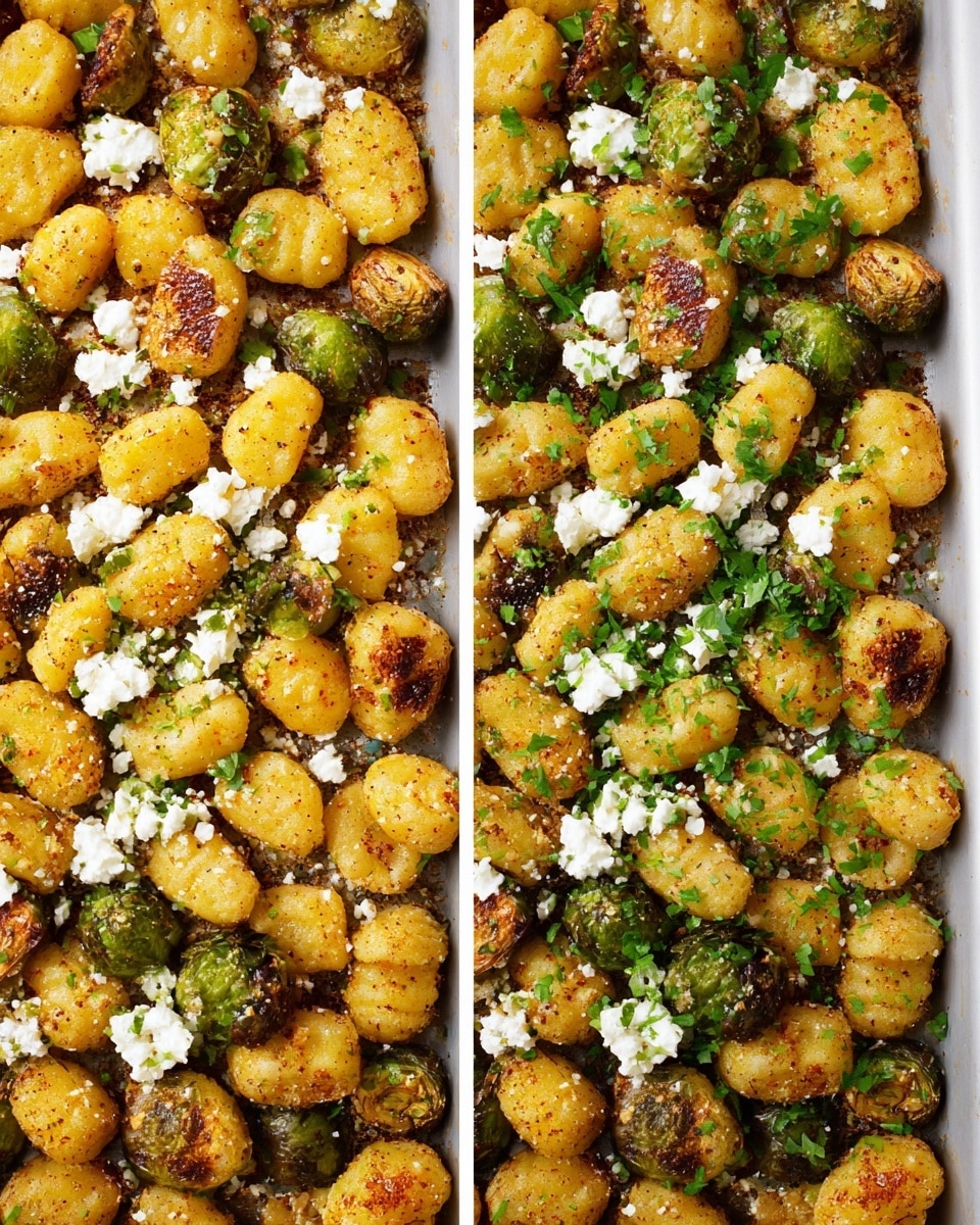 The image shows a white baking tray filled with two main layers: roasted gnocchi at the bottom which are golden yellow with visible seasoning and browned edges, and roasted Brussels sprouts cut in halves on the upper half, showing a green interior with some crispy brown outer leaves. The dish is sprinkled with uneven white crumbles of cheese scattered across both the gnocchi and Brussels sprouts. In the right side image, there is an added layer of finely chopped fresh green herbs sprinkled evenly on top of the cheese. The colors are warm and earthy, with the texture showing the crispiness of the roasted vegetables and softness of the cheese. photo taken with an iphone --ar 4:5 --v 7