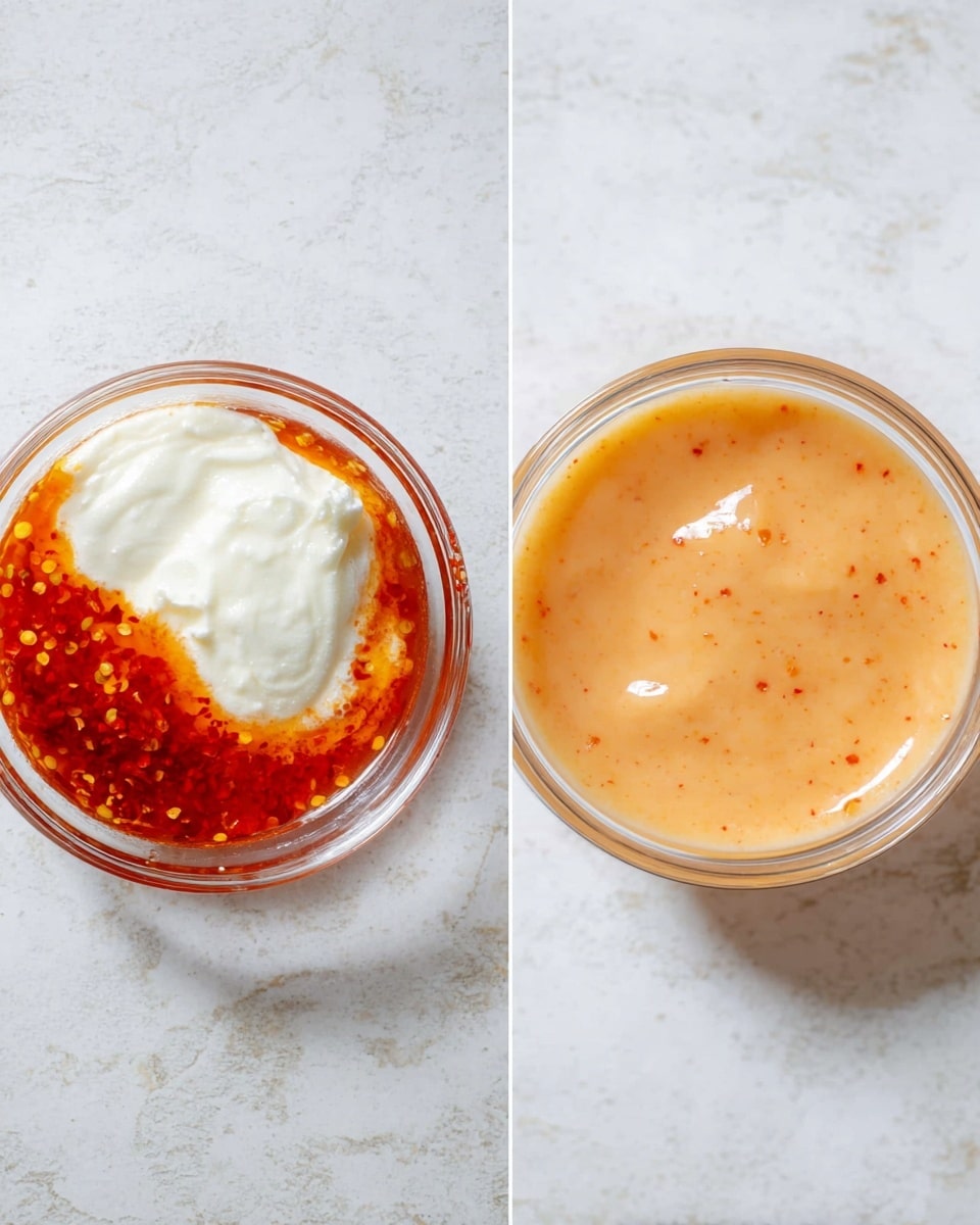 Two clear glass bowls are shown on a white marbled surface. The left bowl contains three layers that are not mixed: a thick white creamy layer on the bottom left, an orange-red translucent sauce with chili flakes on the top right, and a small translucent thin layer of liquid between them creating a slight shine. The right bowl shows the same ingredients fully mixed into a smooth, light orange sauce with tiny red specks evenly spread. Both bowls have a clean, round edge and clear texture detail. Photo taken with an iphone --ar 4:5 --v 7
