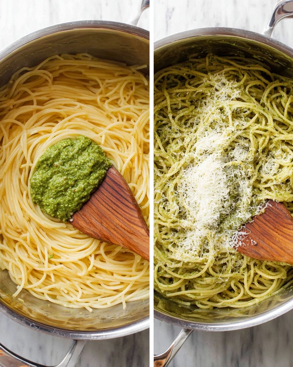 Two side-by-side images show the process of making pesto pasta in a silver pot on a white marbled texture. The left image has cooked spaghetti forming the bottom layer, light yellow and smooth, with a dollop of bright green pesto sauce on top in the center. A wooden spoon with a flat, rectangular edge rests inside the pot. The right image shows the spaghetti fully mixed with the green pesto sauce, coated evenly, with a sprinkle of grated white cheese scattered over the top layer. The wooden spoon is still inside the pot, slightly stirring the pasta photo taken with an iphone --ar 4:5 --v 7