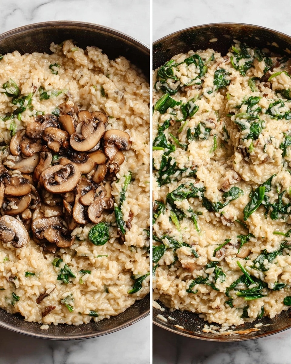 The image shows two pans of creamy risotto with visible spinach leaves mixed throughout, giving the dish a mix of light creamy beige and green colors. The left pan has a cluster of cooked sliced brown mushrooms placed on top, and the risotto underneath looks soft and textured with some spinach pieces. The right pan shows the risotto fully mixed with its creamy texture, light beige color, rice grains expanded, spinach leaves, and mushroom slices scattered evenly all over. Both pans sit on a white marbled surface, and the risotto looks rich and comforting. photo taken with an iphone --ar 4:5 --v 7