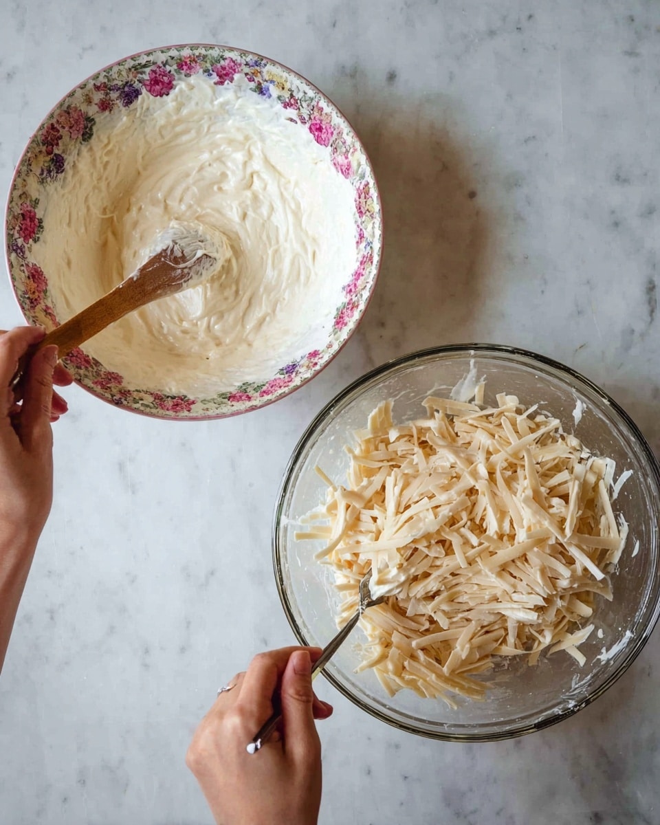 The image on the left shows a woman's hand slicing a round, pale, slightly translucent vegetable on a wooden board into thin sticks using a sharp knife. The round vegetable has a soft, smooth texture with some light veins. On the right, there is a clear glass bowl filled with the thin white sticks of the same vegetable soaked in water, with one half of a bright yellow lemon placed inside. The background is changed to a white marbled texture. Photo taken with an iphone --ar 4:5 --v 7