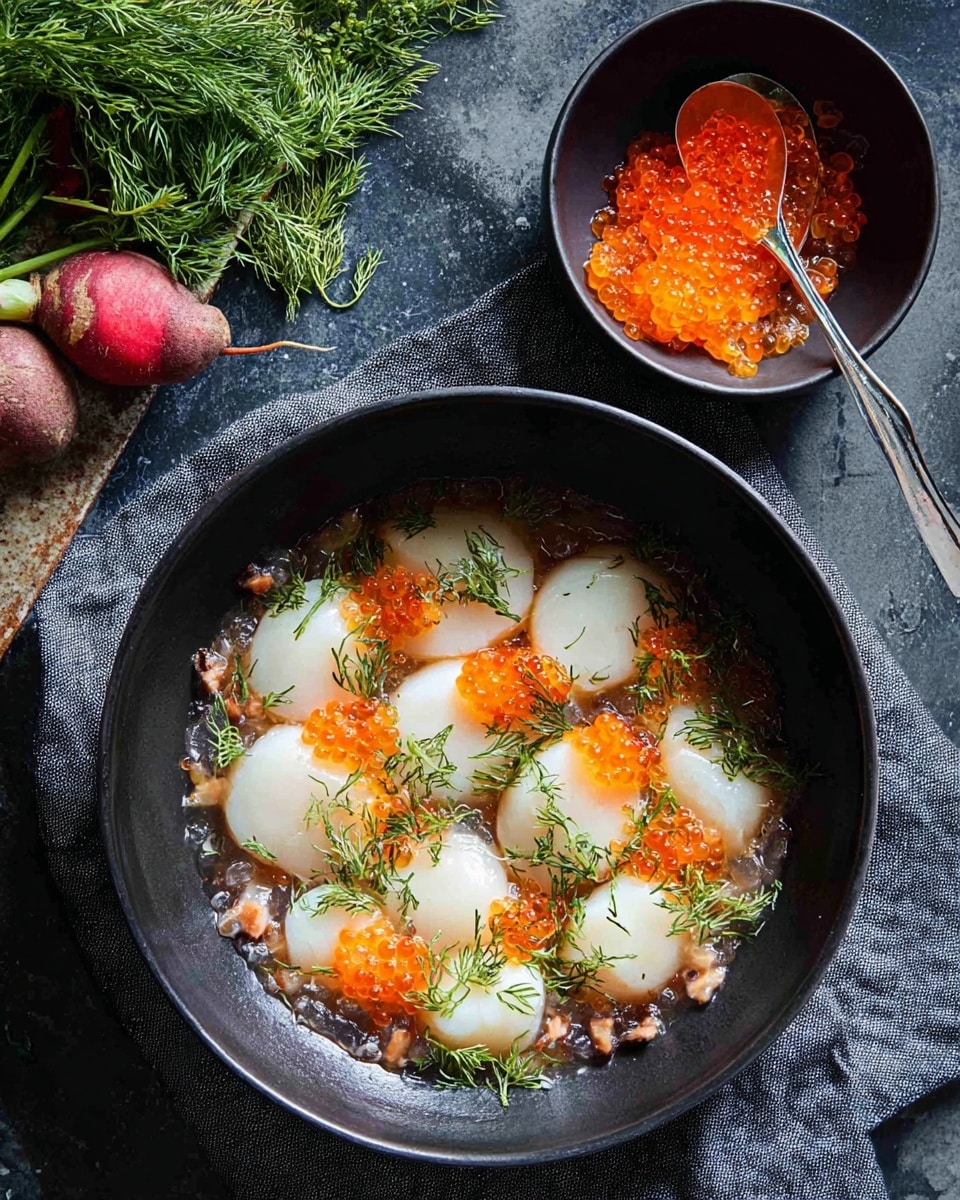 The image shows a close-up of a fork holding a single round white scallop topped with small bright orange fish roe, clear yellowish pearls, and thin green dill sprigs. Below the scallop on the fork is a small piece of pink fish. In the background, there is a white round bowl filled with more scallops resting on a bed of shredded pink fish, all on a white marbled surface. Next to the bowl is a small cup with a light pink sauce. The scene is lit naturally, highlighting the fresh textures of the scallops, roe, and fish. photo taken with an iphone --ar 4:5 --v 7