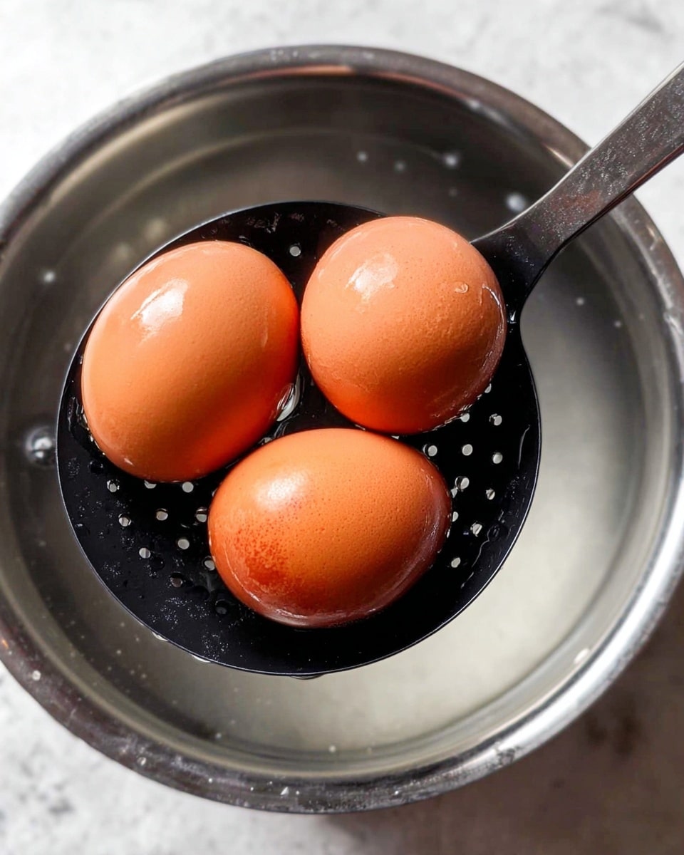Three smooth, shiny brown eggs rest on a black slotted spoon held over a pot of clear water. The pot is silver and round, with slight signs of use on the outer edges. The background surface is white with a marbled texture. The eggs are arranged closely together in the center of the spoon. Photo taken with an iphone --ar 4:5 --v 7