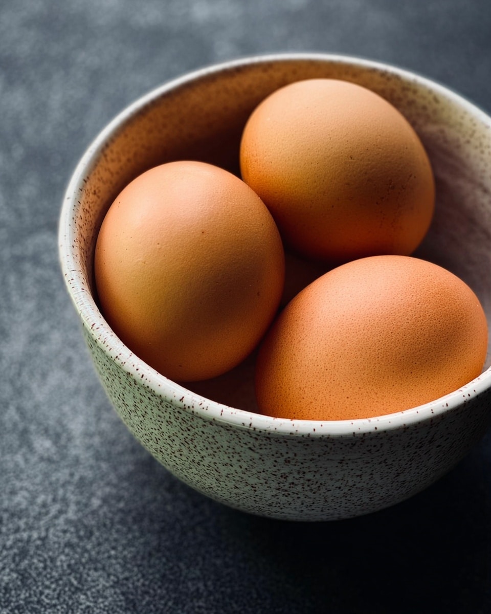 A close-up view of four brown eggs placed inside a speckled white bowl with a textured edge. The eggs sit neatly together, filling most of the bowl, with smooth shells in shades of light to medium brown. The bowl is set on a dark gray, almost black, speckled surface. The lighting is soft, highlighting the eggs' round shapes and smooth textures, giving a natural and fresh feel. photo taken with an iphone --ar 4:5 --v 7