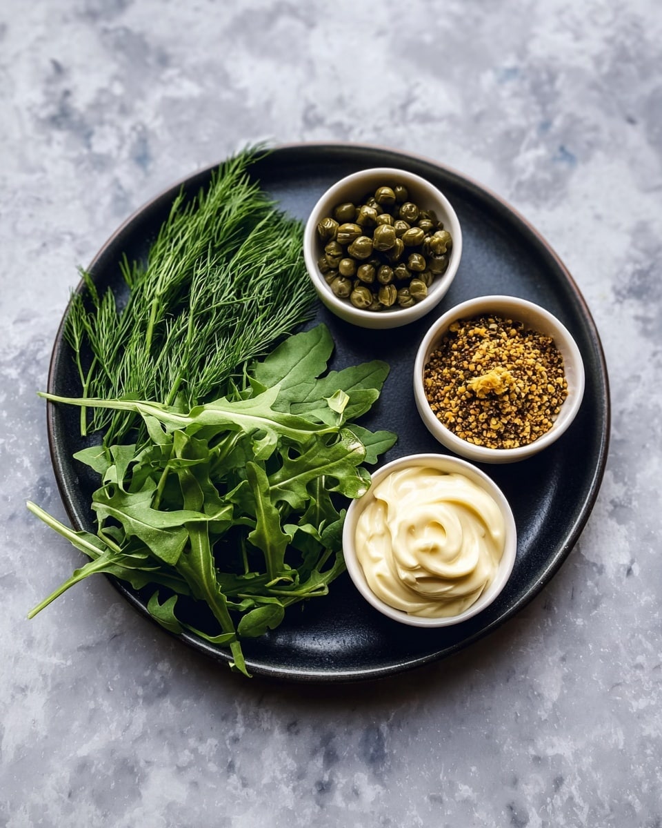 Two slices of toasted bread are placed on a black plate with small white speckles, resting on a white marbled surface with a gray cloth underneath. Each toast slice has a layer of green leafy arugula, topped with two halves of soft-boiled eggs with bright orange yolks. Creamy white sauce with specks of herbs is drizzled on top, along with small green capers scattered across the dish. Fresh dill sprigs are spread over the eggs and arugula, adding a pop of green. A black fork with a reflective surface is partly visible at the bottom right corner. Photo taken with an iphone --ar 4:5 --v 7